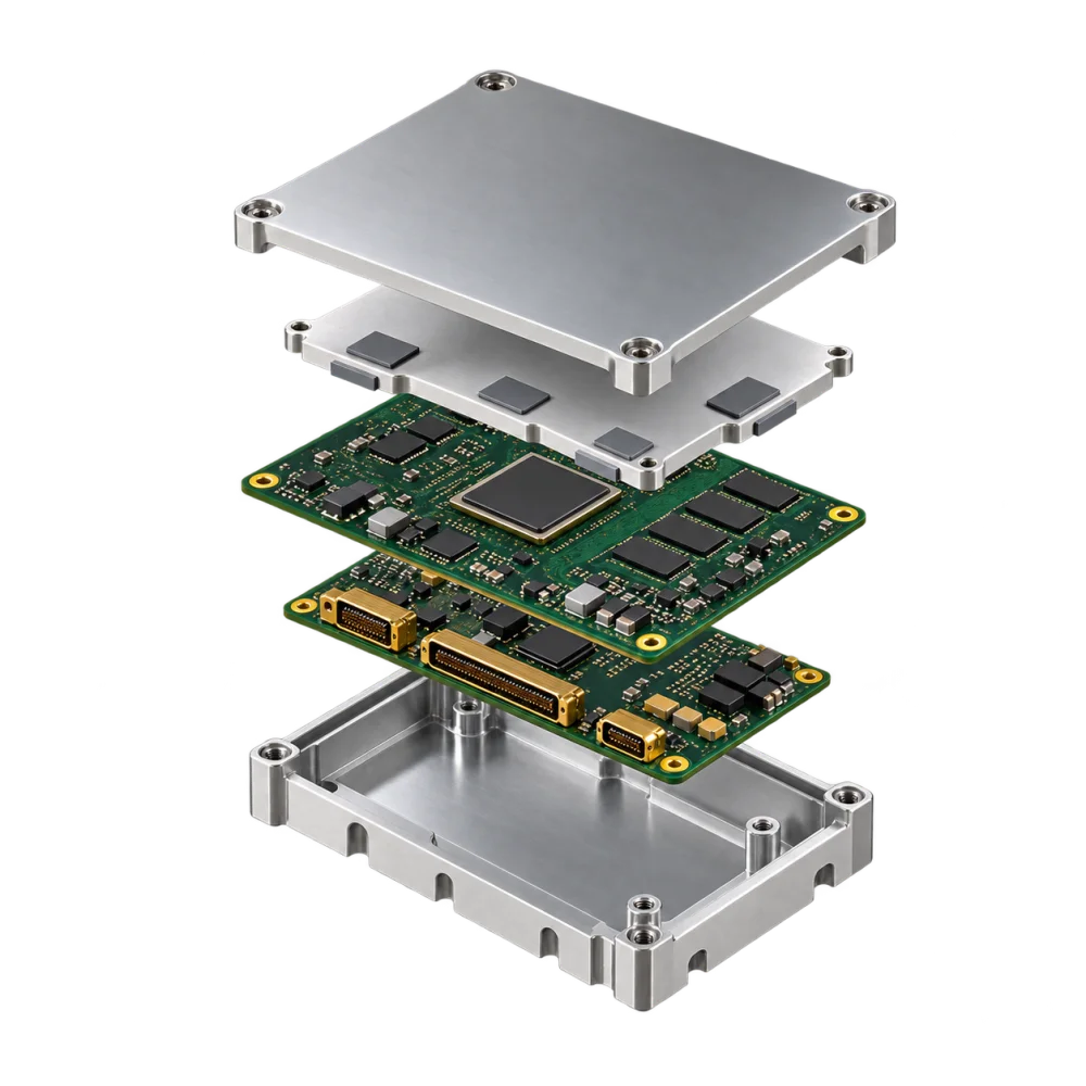 Exploded illustration of an onboard computer with circuit boards and aluminium enclosure